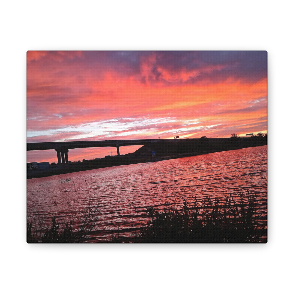 Colorful sunset bridge landscape stretched canvas print by Jenn Mallow