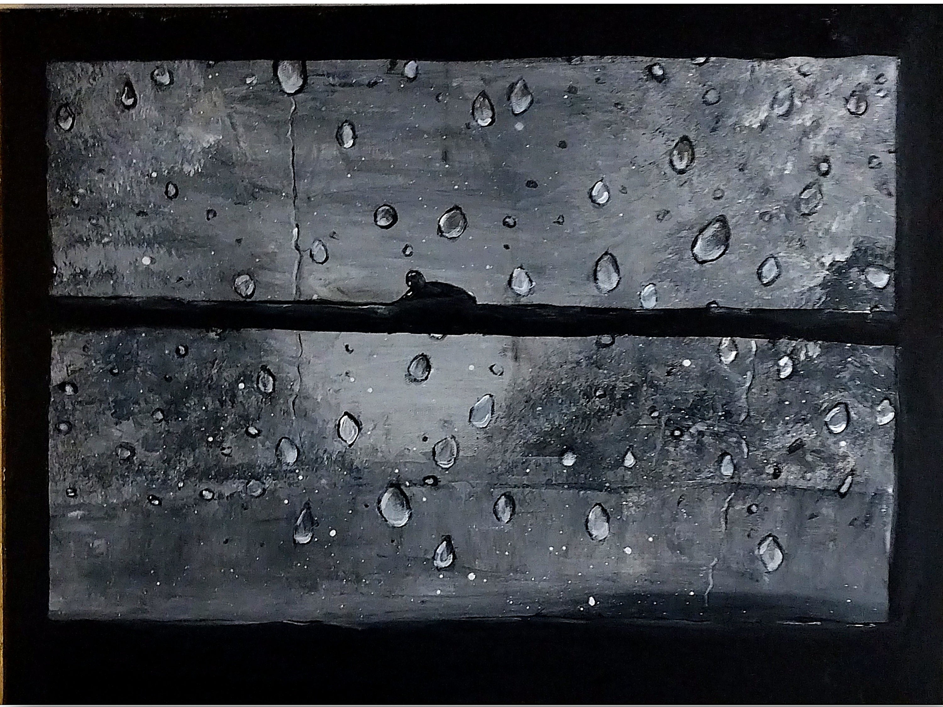 An abstract square artwork depicting a dark gray textured surface covered with scattered raindrops, divided horizontally by a thick black band, with a small dark bird silhouette near the center.